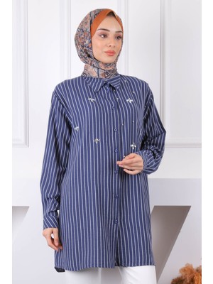 İmaj Butik Lacivert Önü Taşlı Çizgili Tunik