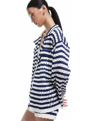 Koton Cep Detaylı Uzun Kollu Ajurlu Çizgili Oversize Kroşe Ceket