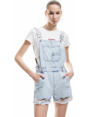 Koton Yıpratma Detaylı Cepli Rahat Kesim Mini Askılı Denim Şort Salopet