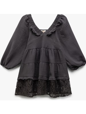 Koton Fırfır Detaylı Pamuklu Balon Kollu Müslin Elbise