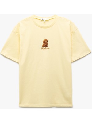 Koton Kısa Kollu Bisiklet Yaka Köpek Nakışlı Pamuklu Oversize Tişört