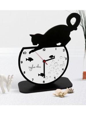 Kişiye Özel Dekoratif Kedi Ahşap Masaüstü Saat