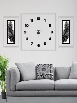 3 Parçalı Duvar Saati Seti, Akrilik Pleksi Aynalı Palmiye Yapraklar ve Duvar Saat Uv Pano Set