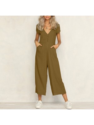 Keten Günlük Yazlık V Yaka Kısa Paça Tasarım Kadın Tulum