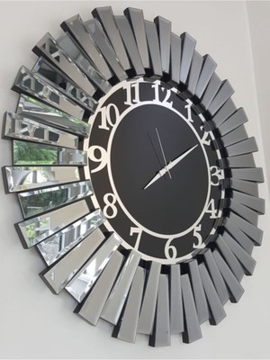 Güneş Smoked Latin Black Model Gümüş Siyah Renk 85 cm Dekoratif Aynalı Duvar Saati