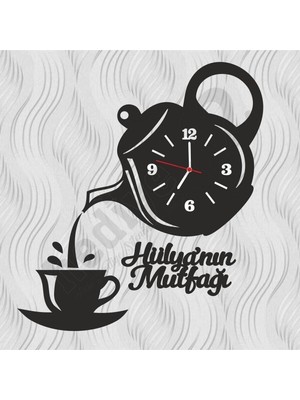 Özel Ahşap Mutfak Duvar Saati Çaydanlık-(Isim Bildirin)