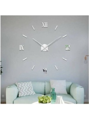 Dekoratif 3D Duvar Saati Pleksi Gümüş Ayna Roma Rakamlı