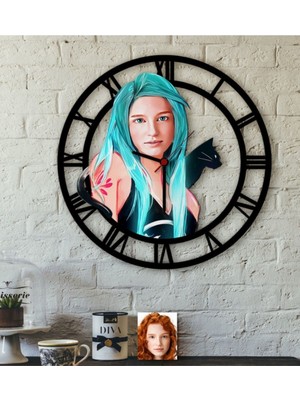 Kişiye Özel Kedili Kız Karikatürlü Ahşap Duvar Saati-1