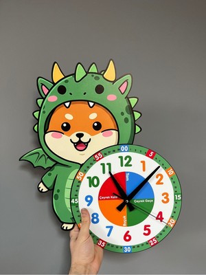 Sevimli Ejderha Dinazor Montessori Çocuk Odası Eğitici Ahşap Duvar Saati - Sessiz Mekanizma, Şık