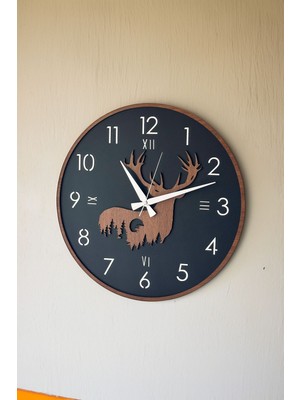 Ahşap Dekoratif Gomeisa Gümüş Aynalı - Kahverengi  Geyik Duvar Saati 48CM