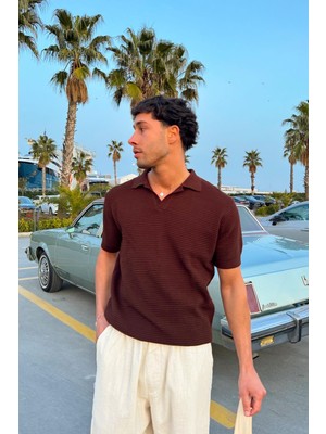 Ajurlu Patlı Triko Kahverengi Polo Yaka Tişört