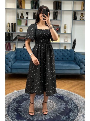Siyah Desenli Belden Lastikli Midi Elbise - MG2101