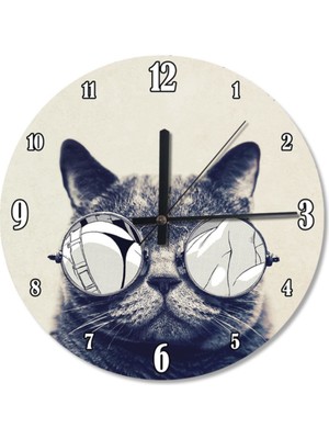 Çap Gözlüklü Kedi Dekoratif Duvar Saati 30 cm