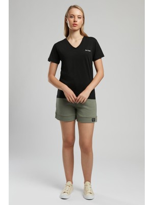 Lee Cooper Sade Kadın %100 Pamuk V Yaka T-Shirt Siyah