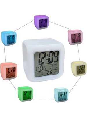 7 Renk Değiştiren Alarmlı Termometre Masa Gece Lambası Dijital Başucu Saat Uyandırma Hediye Küp Saa