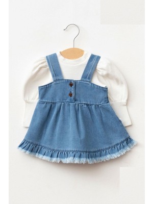 Kız Bebek Püsküllü Kot Jile Elbise Balon Bluz Lüks Jean Takım