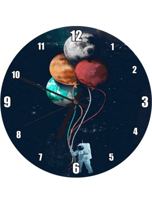 Astronot Balonlar Uzay Görseli Duvar Saati (Çap 30X30 Cm)