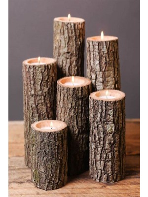 Kütük Mumluk Ahşap Mumluk Dekoratif Ahşap Mumluk 6'lı Mumluk