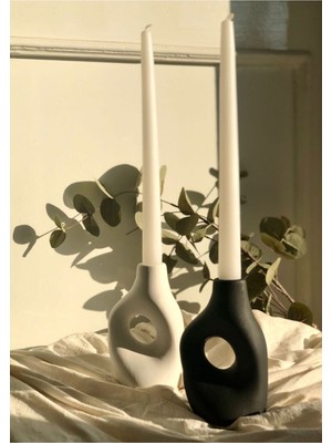 Iskandinav Dekor Siyah Beyaz Mumluk Vazo 2'li Set 8 x 14  cm