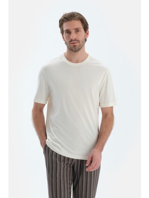 Dagi Ekru Kısa Kollu Bisiklet Yaka Penye Modal Tişört