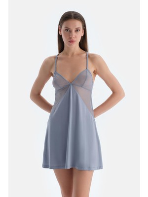 Buz Mavisi Dantel Detaylı Gecelik