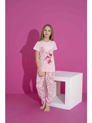 Kız Çocuk Kısa Kol Likralı Penye Alt Üst Pijama Takımı 3039-40PE