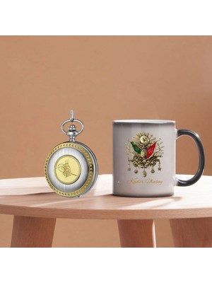 Hediye Vakti Kişiye Özel Osmanlı Tuğra Tasarımlı Kupa Bardak ve Retro Köstekli Cep Saati Hediye Seti