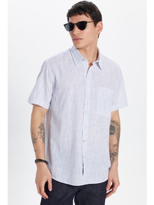Erkek Regular Fit Klasik Kesim %100 Pamuk Kısa Kollu Keten Doku Tek Cep Çizgili Gömlek