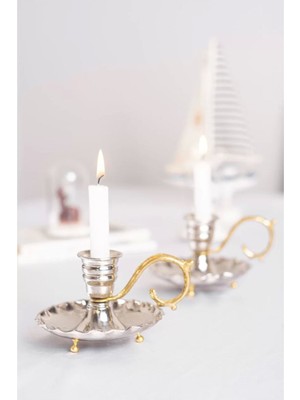 Bakır El Şamdanı Fırfırlı Model Gümüş Renk (Ikili)