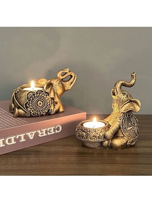 2 Li Dekoratif Fil Mumluk Tealight Mumluk Altın Yaldızlı