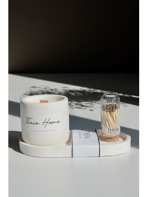 No 3 Set Beton Saksılı Vegan Soya Mum-Oval Tabak ve Kibrit Seti