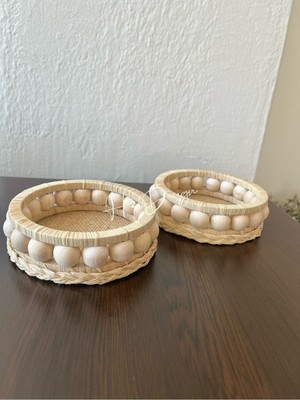 Ahşap Boncuklu Doğal Rafya Mumluk 2 Adet