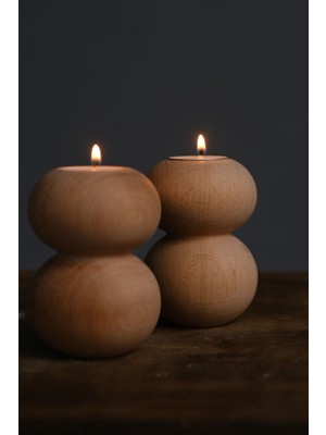 Bej Ahşap Mumluk 2 Li Set Ahşap 2 Parça