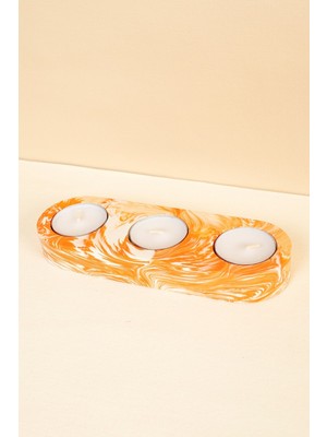 Turuncu Beyaz Mermer Desenli Üçlü Beton Mumluk