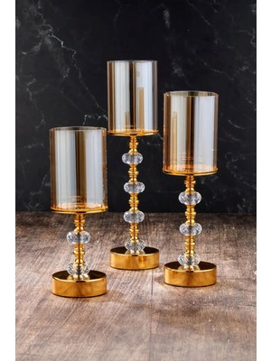 Kristal Taşlı Ayaklı Gold Şamdan 3'lü Set