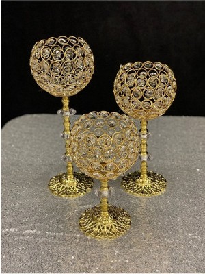 Kristal Taşlı Ayaklı Gold Şamdan 3'lü Set