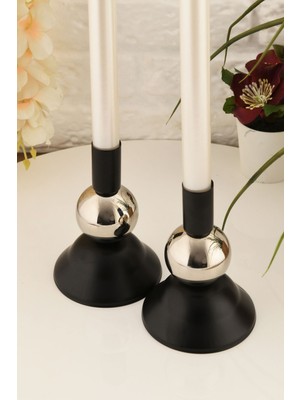 Nocta Metal Şamdan Siyah ve Gümüş Renk Dekoratif Mumluk Çiftli Set