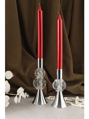 Bella 2'li Şamdan Şeffaf Kristal Taş Dekorlu Gümüş Renk Mumluk Ev Dekorasyon, Paslanmaz Kaplama