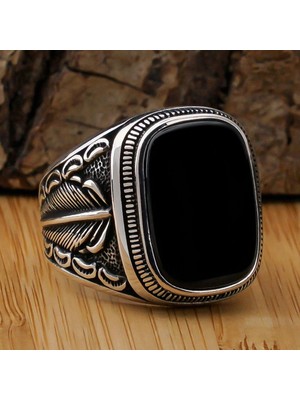 Siyah Oniks Taşlı Desenli 925 Ayar Gümüş Erkek Yüzük