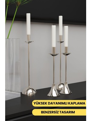 Lüks Gümüş 4'lü Şamdan Seti - Paslanmaz Metal Dekoratif Mumluk Ev ve Masa Dekorasyonu