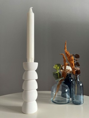 Dekoratif Şamdan, Beyaz Renkli, Büyük Boy, Terrazzo, Taş Tozu, Mumluk