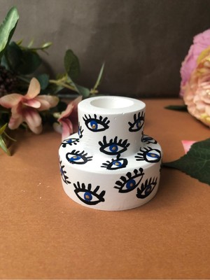 Beyaz Üstü Göz Desenli Şamdan Beton Şamdan / Evil Eye