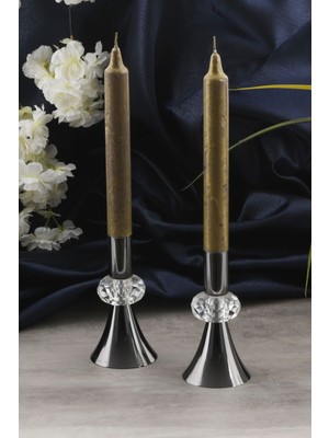 Arda 2'li Şeffaf Kristal Taş Dekorlu Platin Siyah Şamdan Mumluk Ev Dekorasyon, Paslanmaz Kaplama