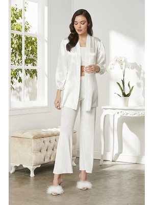 Pierre Cardin 2050 Kadife Saten 3'lü Kadın Crop'lu Pijama Takımı