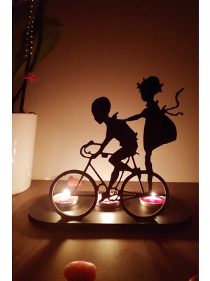 Bisikletli Çocuklar Üçlü Şamdan Mumluk Dekoratif Tealight Mum
