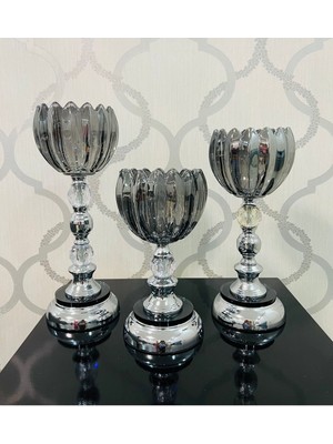 Gümüş Ayaklı Füme Cam Şamdan Mumluk 3'lü Set