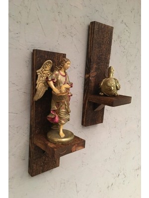 2 Adet Dekoratif Masif Ahşap Rustik Duvar Mumluk Rafı