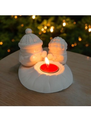 Dekoratif Ateş Başında Isınan Kardan Adam  Tealight Mumluk Tealight