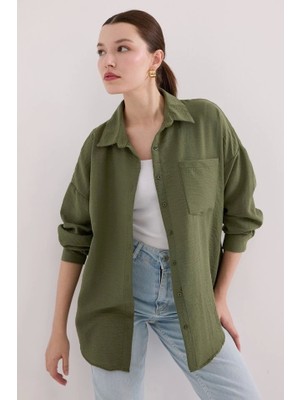20153 Tek Cepli Oversize Keten Gömlek - Haki