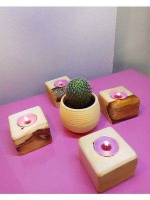 El Yapımı Ahşap Dörtlü Mumluk